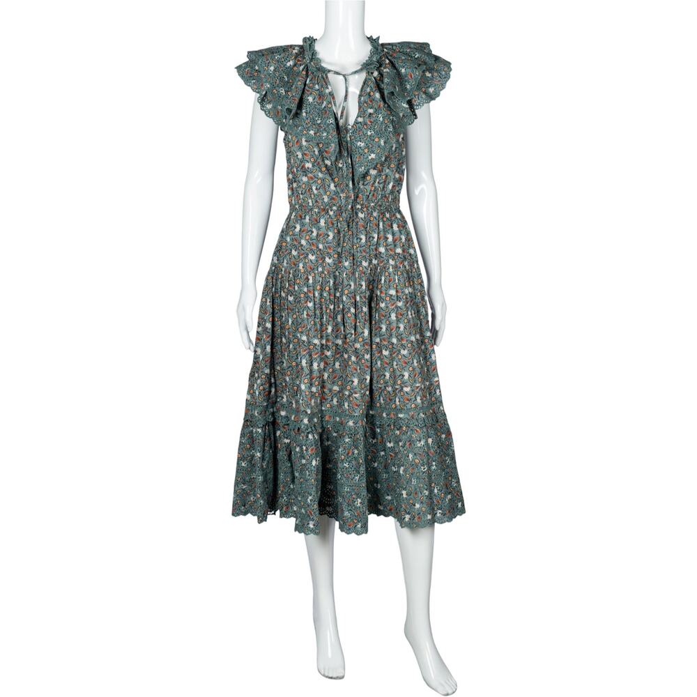 ULLA JOHNSON Green Cotton Floral Midi Sleeve Less Dress Size M